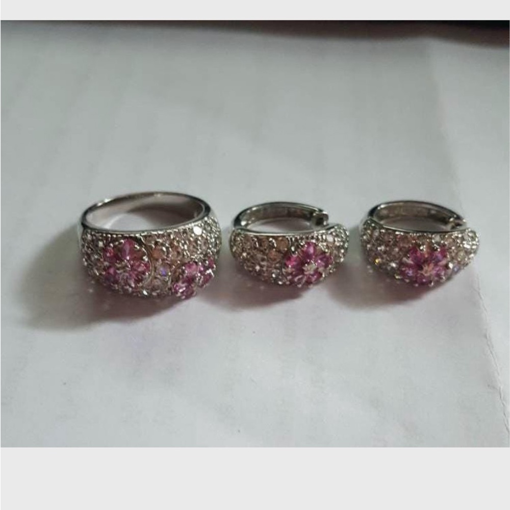 Sterling Silver White/Pink CZ Flower Cluster Ring & Earring Set!!!ps